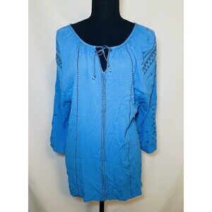 One World‎ Peasant Boho 3/4 Sleeve Blue Tassel Blouse Top Women's XL